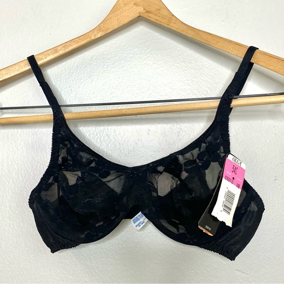 NWT Vintage Olga Black Embroidery Lacy Floral Semi Sheer Bra 34c Deadstock - Picture 1 of 7